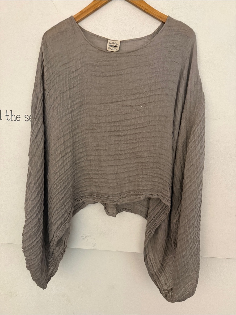 Lightweight Crinkle Long-Sleeve Top in Taupe